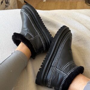 Anthropologie NEW Nyuki Gray Croquet Black Leather Pull On Shearling Ankle Boot